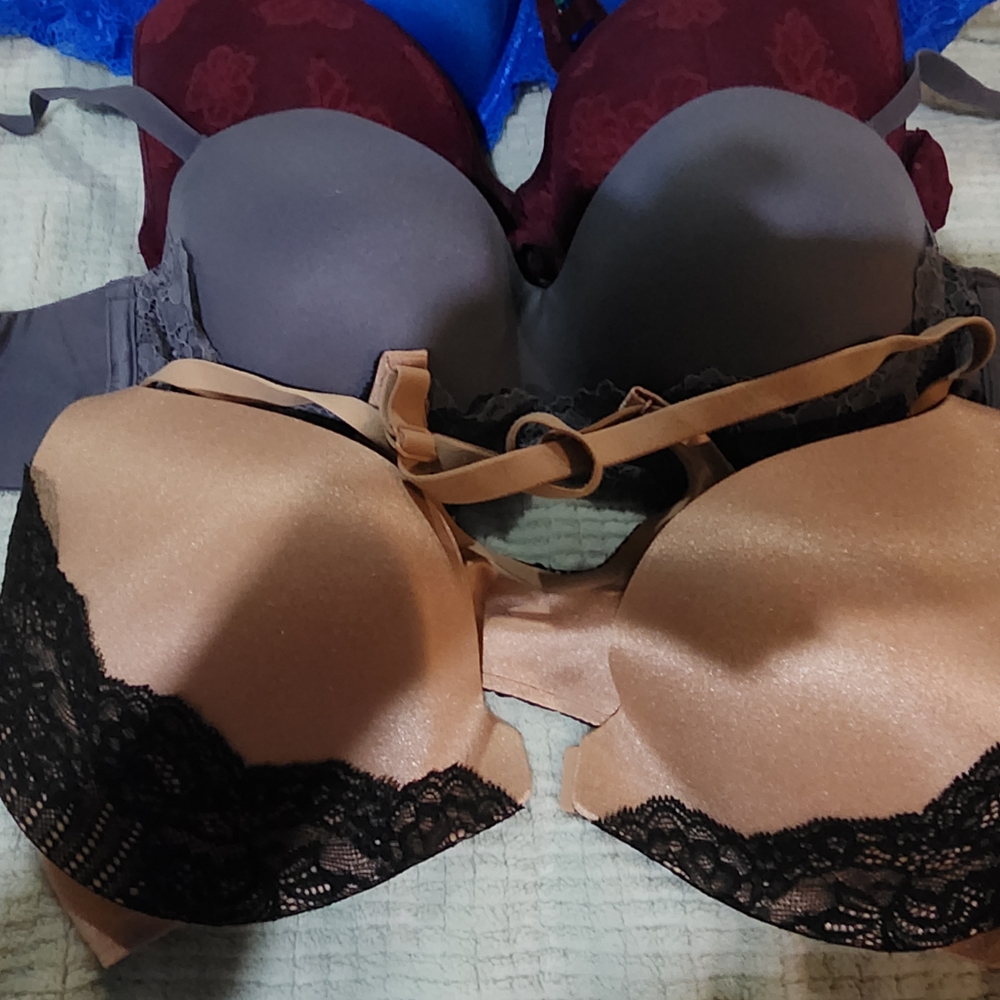4 Victoria's Secret Lace Trimmed Bra Set - Tan, Gray, Burgundy, and Blue